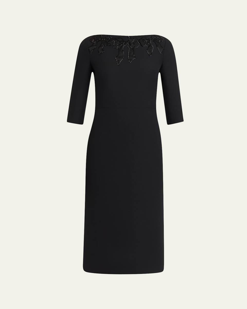 Bow Embroidered Wool Silk Midi Dress